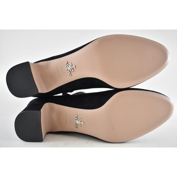 Prada 55MM Tronch Black Suede Silver Logo Short Ankle Block Heel Bootie 38.5 - Picture 11 of 11